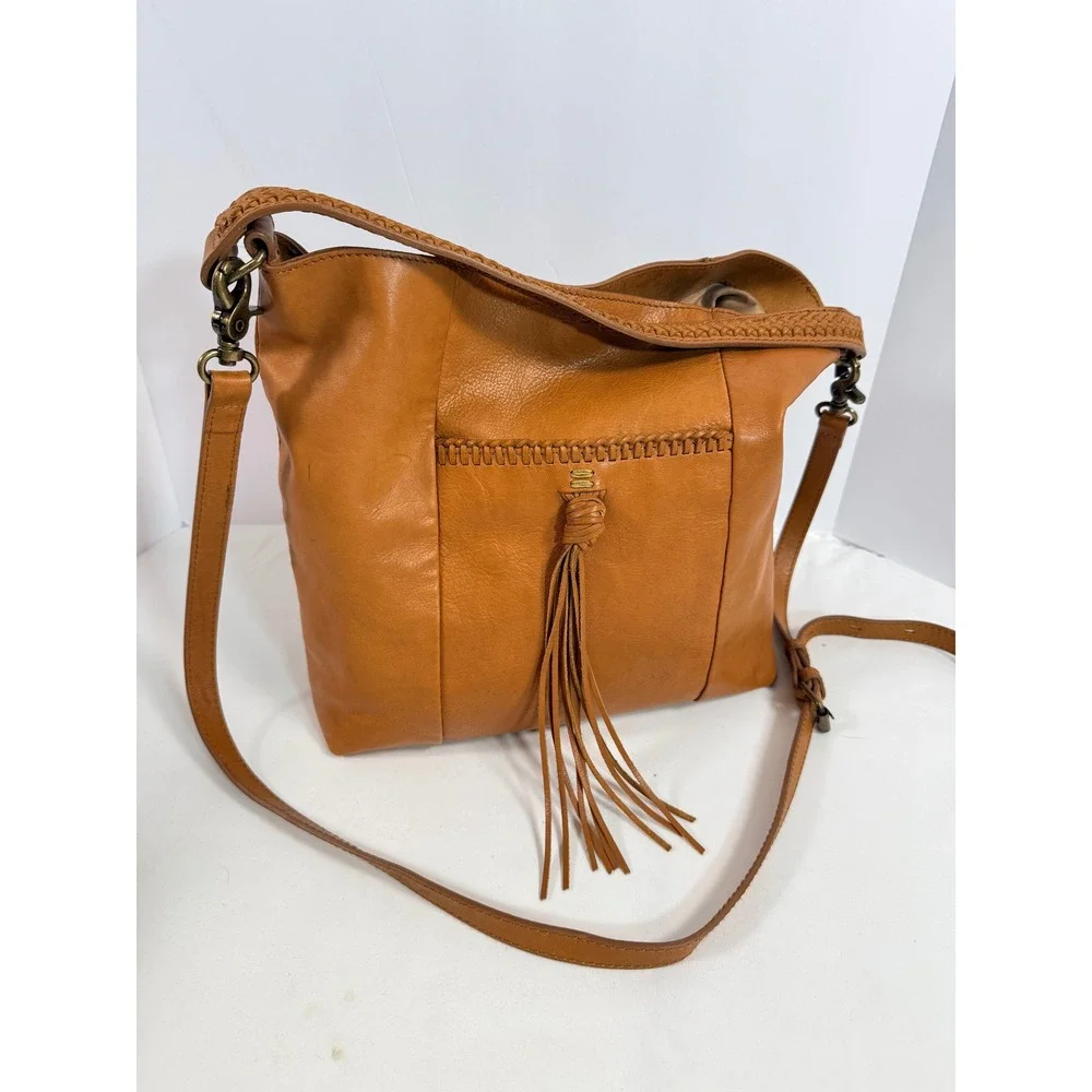 Lucky Brand Tan Leather Convertible Shoulder Bag Whipstitch Tassel Cognac